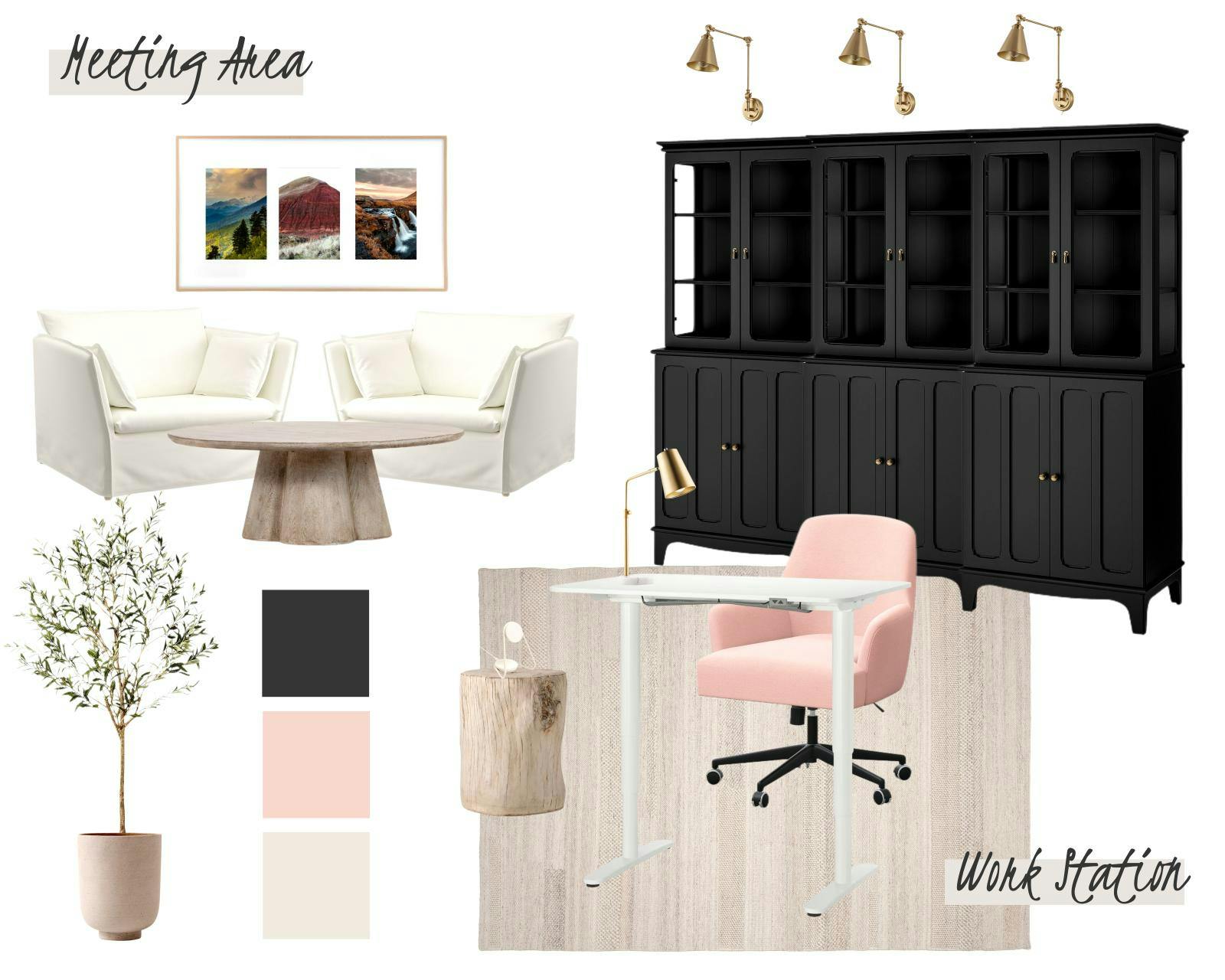Cozy feminine home office with black, beige, and pink coral colours.