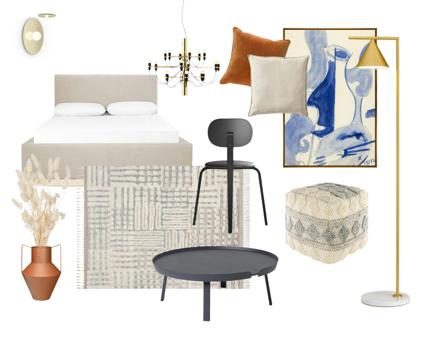 Interior design mood board with 13 products